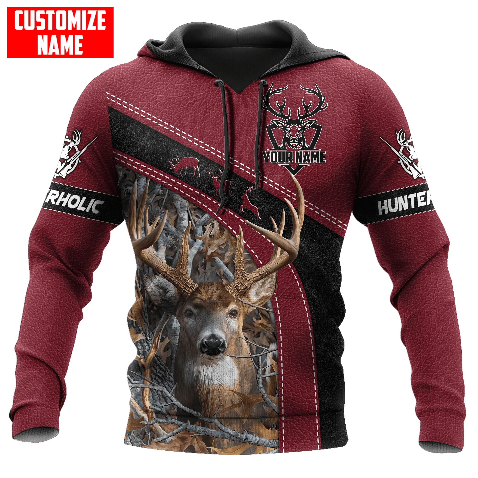 Personalized Hunting Red Leather Pattern Hoodie, Hunting Hoodie, Deer Hunter Hoodie Men Women