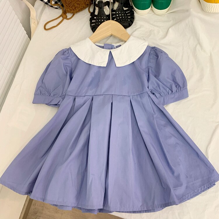 3-8 Years Old Summer Girls Dress Lapel Short Sleeve Half Sleeve One Piece Princess Dress High Quality Cotton Material Blue alx