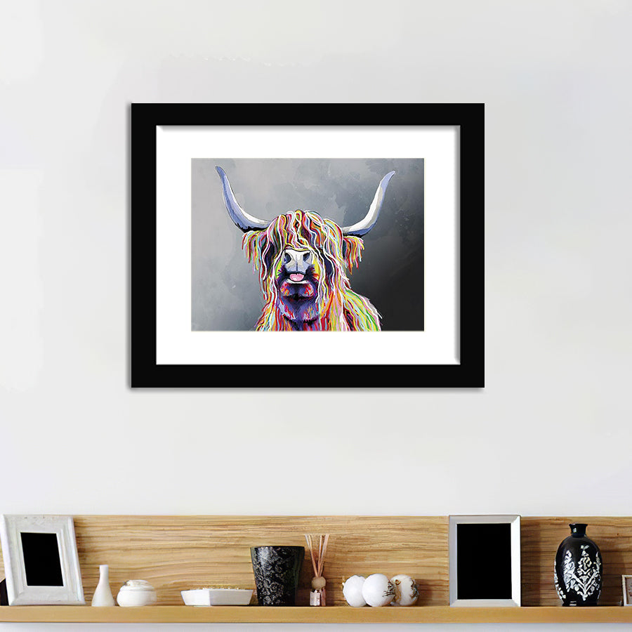 Colourful Highland Cow Canvas Framed Art Print White Border – Framed Picture, Black Frame, Painting Art, For Sale