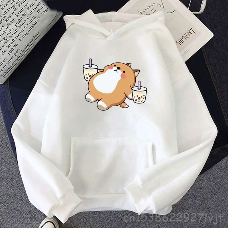 Boba Tea Hoodie Cute Dog Hooded Sweatshirt Harajuku Hoodies Lovely Kawaii Aesthetic Camisas Hoody O-Neck Women’s Clothes alx