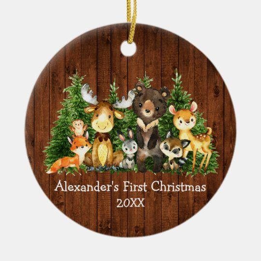 Personalized Ornament Baby First Christmas Forest Animals Rustic Round Customized Ceramic Circle Ornament 1 – 2 Sided