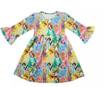 2021 Wholesale Little Girl Outfit Bell Ruffle Long Sleeves Cartoon Pattern Dress alx