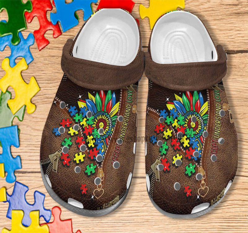 Autism Sunflower Leather Shoes – Accept Under Stand Love Autism Shoes Croc Clogs