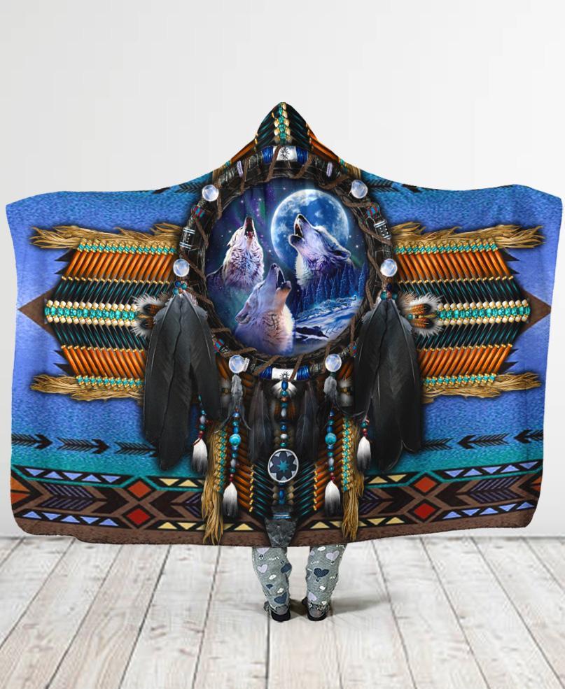 Welcomenative Blue Wolf Hooded Blanket, All Over Print , Native American