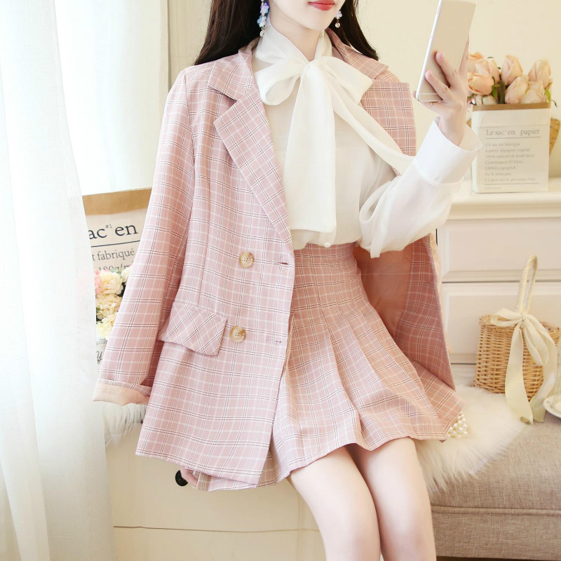 Spring Fashion Elegant 3 Pieces Sets For Women Chiffon Bow Shirt Plaid Blazer Jacket and Slim Short Skirts Autumn Female Suits alx