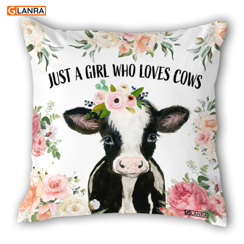 Just A Girl Who Loves Cows Pillow, Baby Cow With Flower Pillow, Cute Cow Pillow Gift For Girl, Farm Animals Lover, Bedroom Decor (Insert Included)