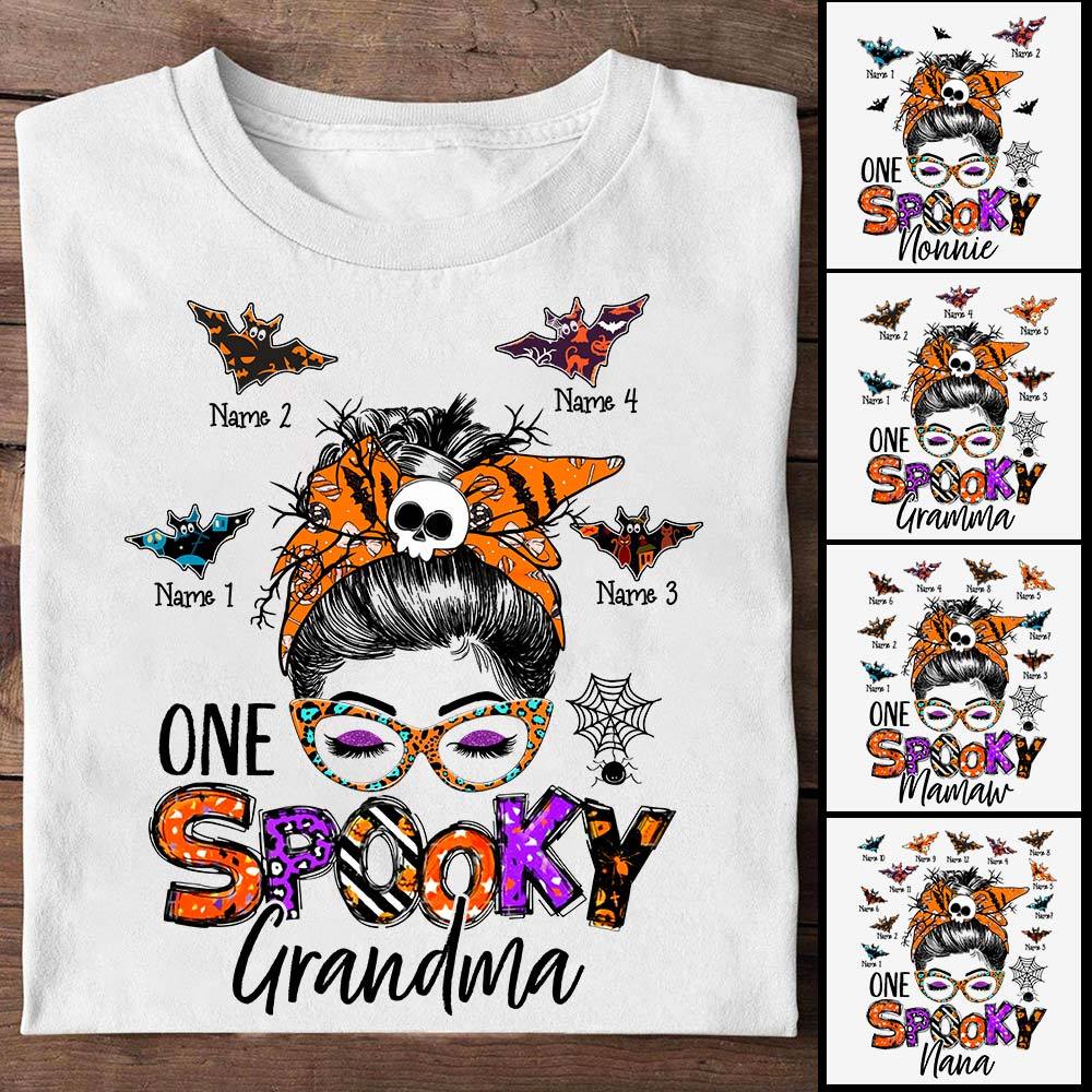 Personalized One Spooky Grandma Halloween With Bat Shirt Funny Grandma Halloween Shirt Custom Grandma With Grandkids Names Shirt