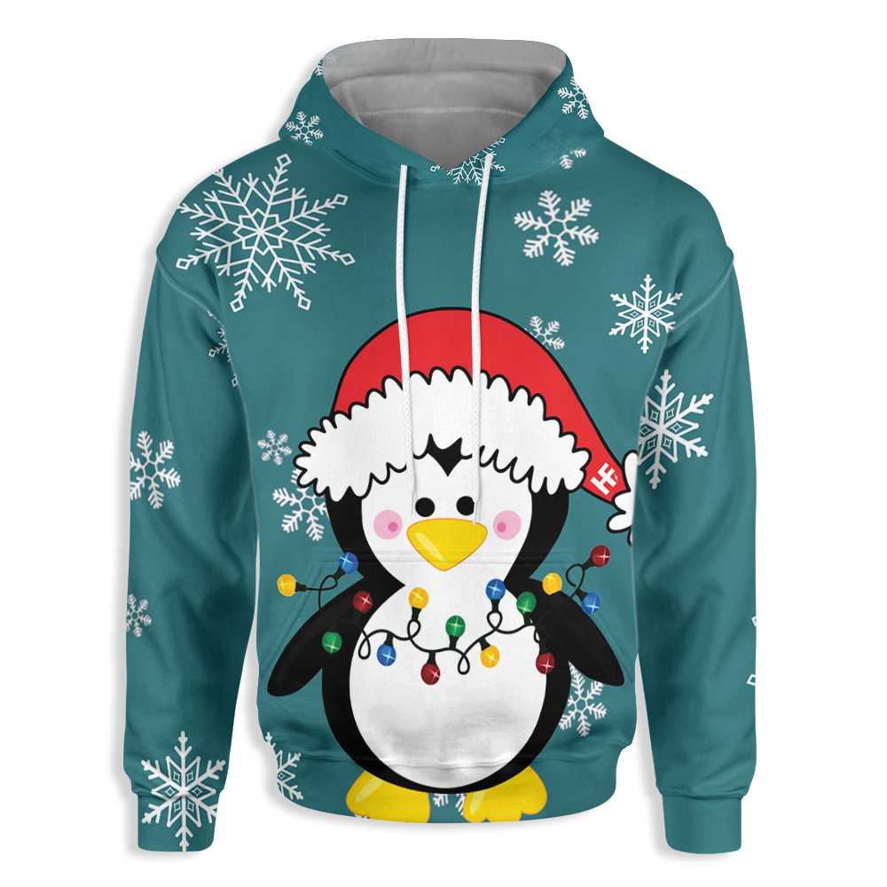 Merry Christmas Cute Penguin All Over Print Hoodie, Winter Snow Frost Hoodie Graphic