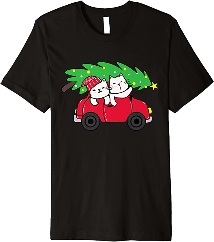 Cat Riding Car Christmas Kitten Cute X-mas Tree Pajama Pj Premium T-Shirt