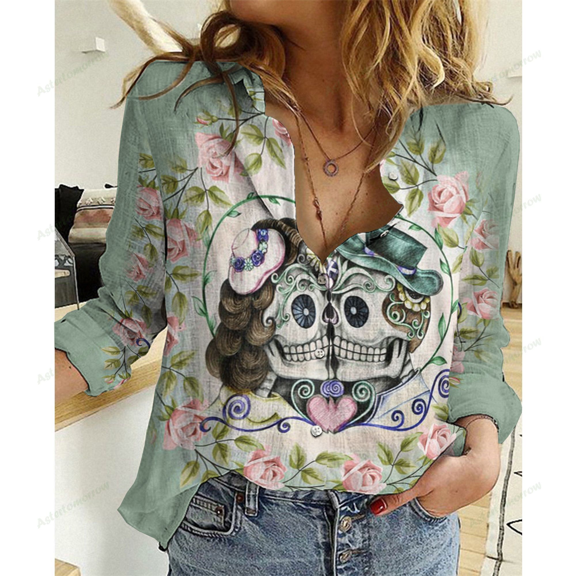 Couple Skull Cotton And Linen Casual Shirt, Skull Linen Shirt