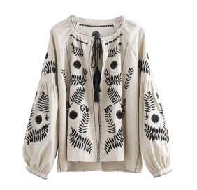 TEELYNN boho women Blouse Khaki cotton floral embroidered shirt puff long sleeve o-neck loose Casual Women’s Blouses Bohemia top alx