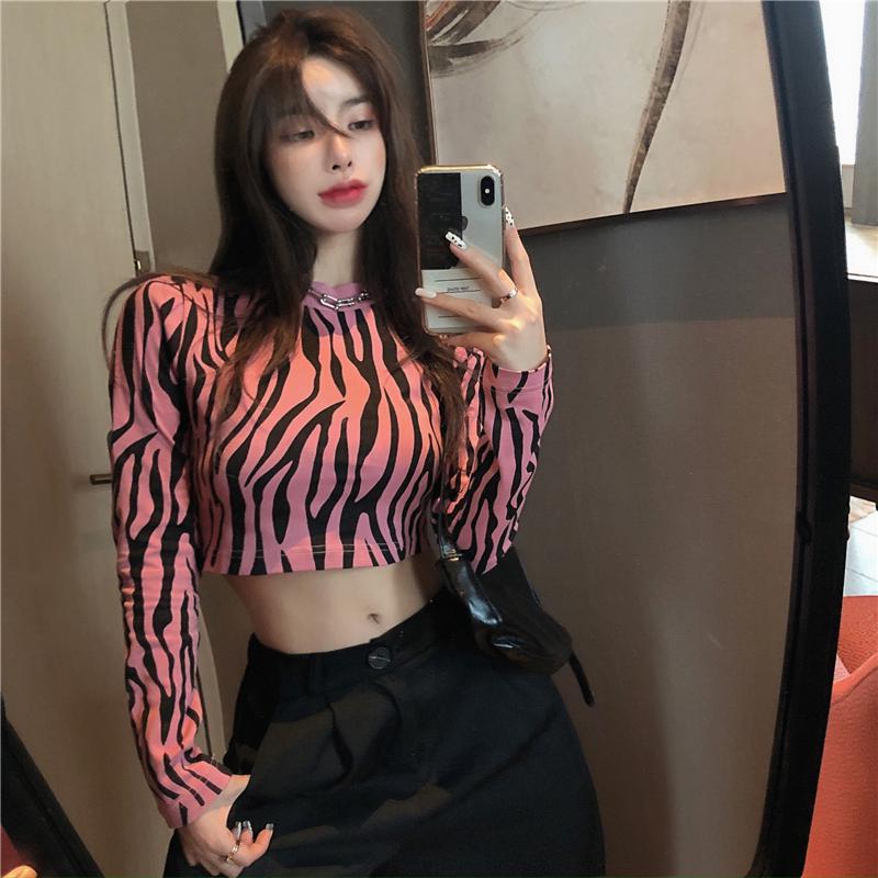 Tonngirls Streetwear Zebra Crop Tops Sweater Women Sexy Long Sleeve O Neck Autumn Pullover Ladies Jumpers Slim Y2k Knit Tops alx