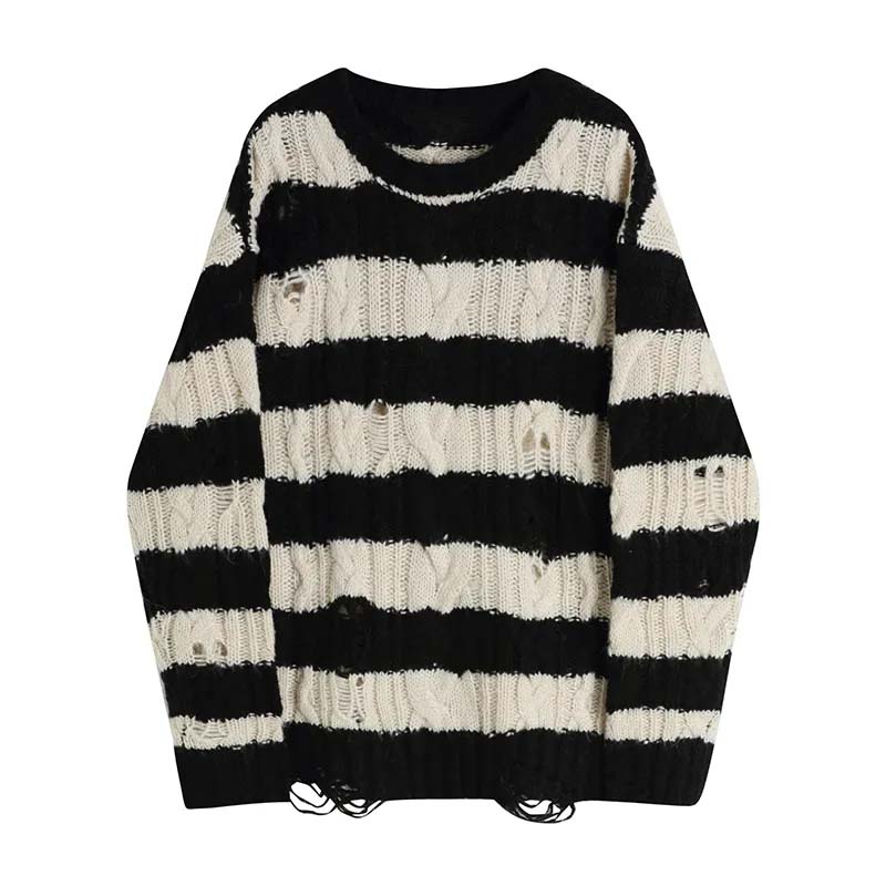 Women’s Striped Tattered Sweater Jumper Loose and Irregular Hollow Out Medium Length Knitting Pullover Sueter Mujer Wholesale alx