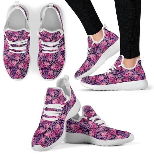 Purple Butterfly Leopard Mesh Knit Sneakers Shoes For Women, Men