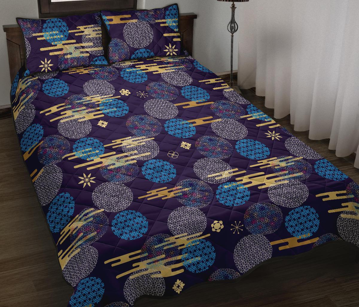 Blue japanese pattern cloud wave flower Quilt Bed Set