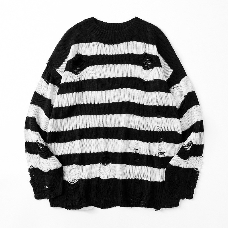 Striped Sweaters Men Punk Unisex Sweater Autumn Hollow Out Hole Broken Jumper Loose Oversized Pullouvers Sweater Streetwear Men alx