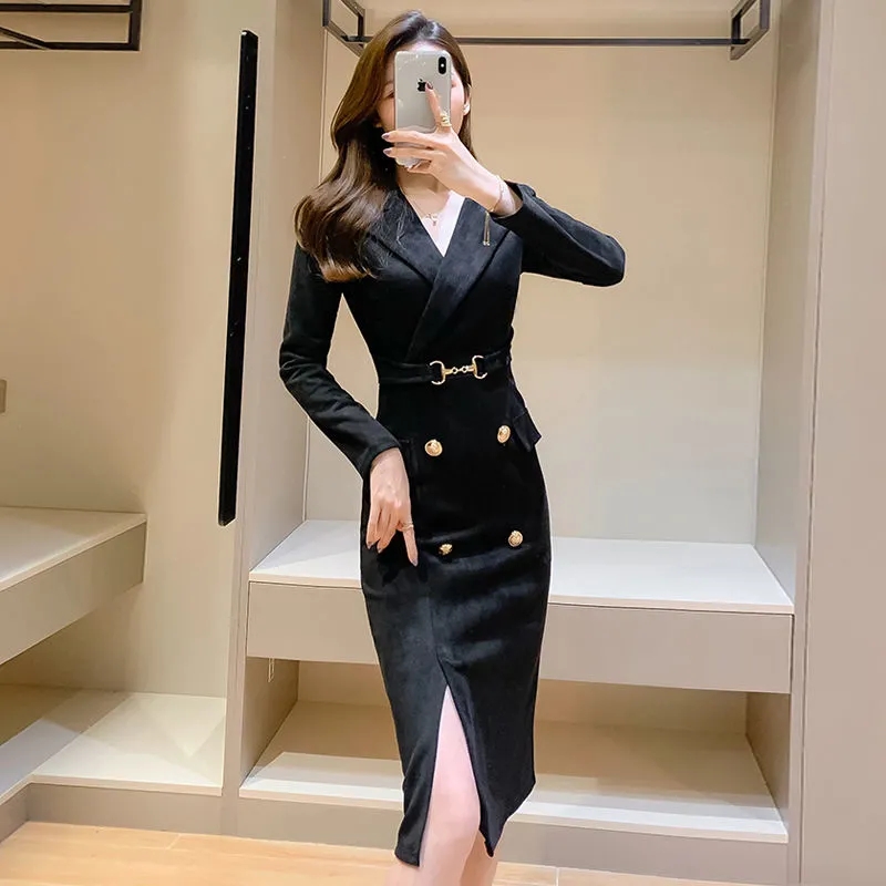 2022 New Suit Collar Temperament Midi Dress Women Design Slim Bodycon Dress Elegant Fashion Office Lady High-End Sexy Dress alx