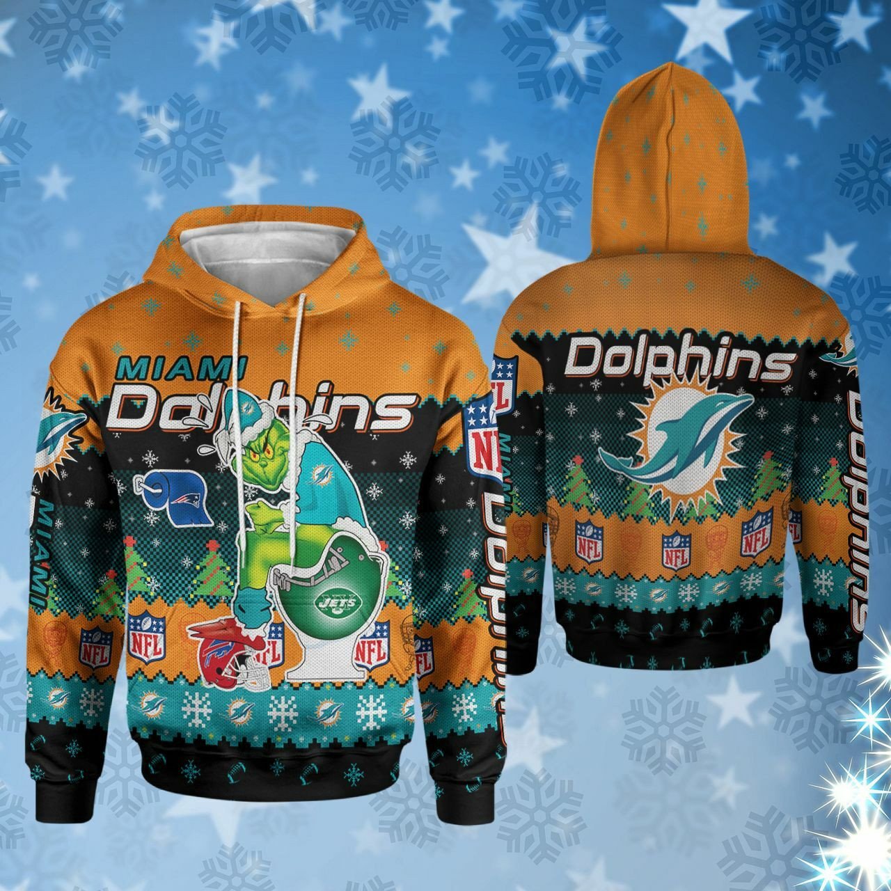 Christmas Miami Dolphins Grinch In Toilet Christmas Knitting Pattern Sweatshirt 3D T Shirt Hoodie Sweater Model 1233