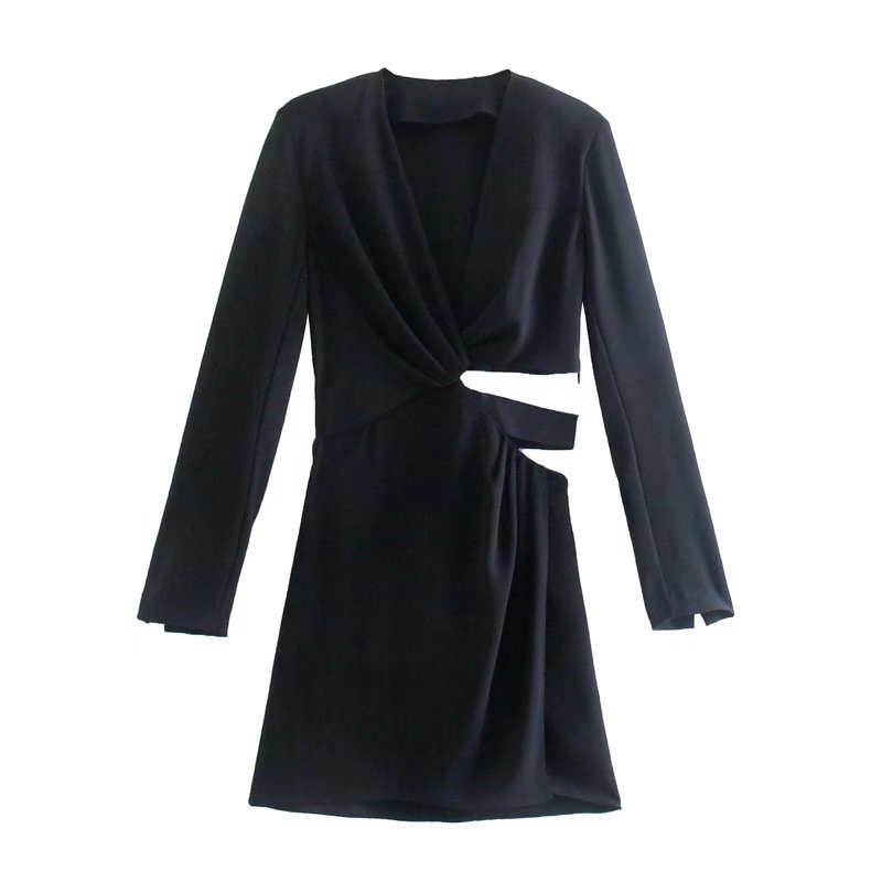 T MODA 2022 Autumn Women Elegant Black Cut Out Mini Dress Office Ladies Fashion Long Sleeve Pleated Short Dress Chic Outwear alx