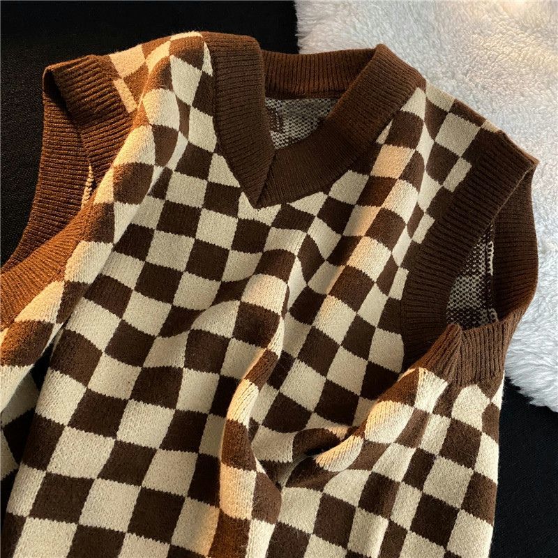 Checkered Sweater Vest Women Fashion Vintage All-match Cozy Simple Soft Korean Style Daily Loose Harajuku Sweet Cool Girls Chic alx