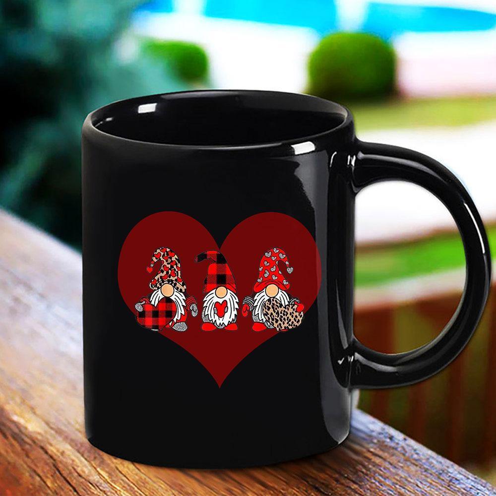 Three Gnomes Holding Heart Leopard Happy Valentine’S Day Black Mug