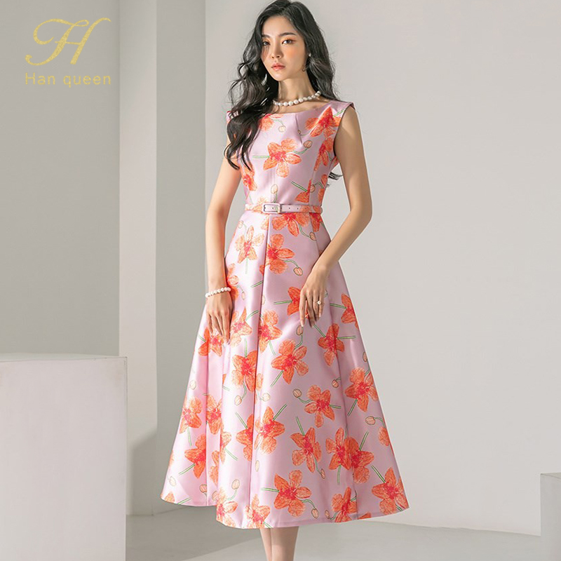 H Han Queen Summer Women Simple Vintage Dresses Office printing A-Line Party Casual Dress Elegant Slim Profession Long Vestidos alx