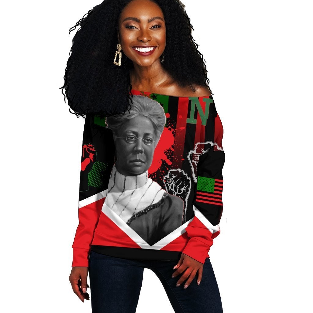 Wonder Print Shop Sweatshirt – African American Flag Nannie Helen Burroughs Women Off Shoulder