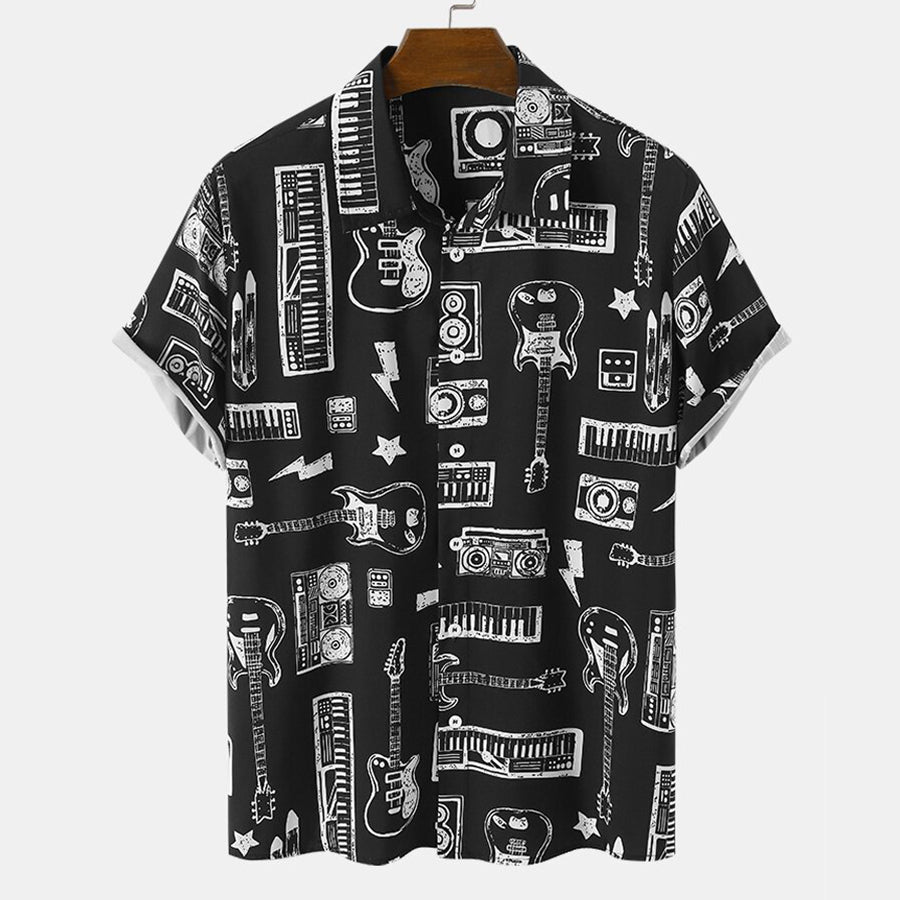 Mens Musical Hawaii Instrument Print Button Front Short Sleeve Black Shirts Ha14647