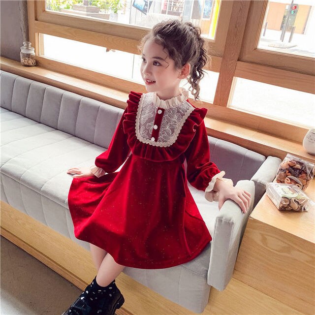 2020 New Autumn/winter Girls Kids Sweet Lace Velvet Warm Princess Dress Comfortable Cute Baby Clothes Children Clothing alx