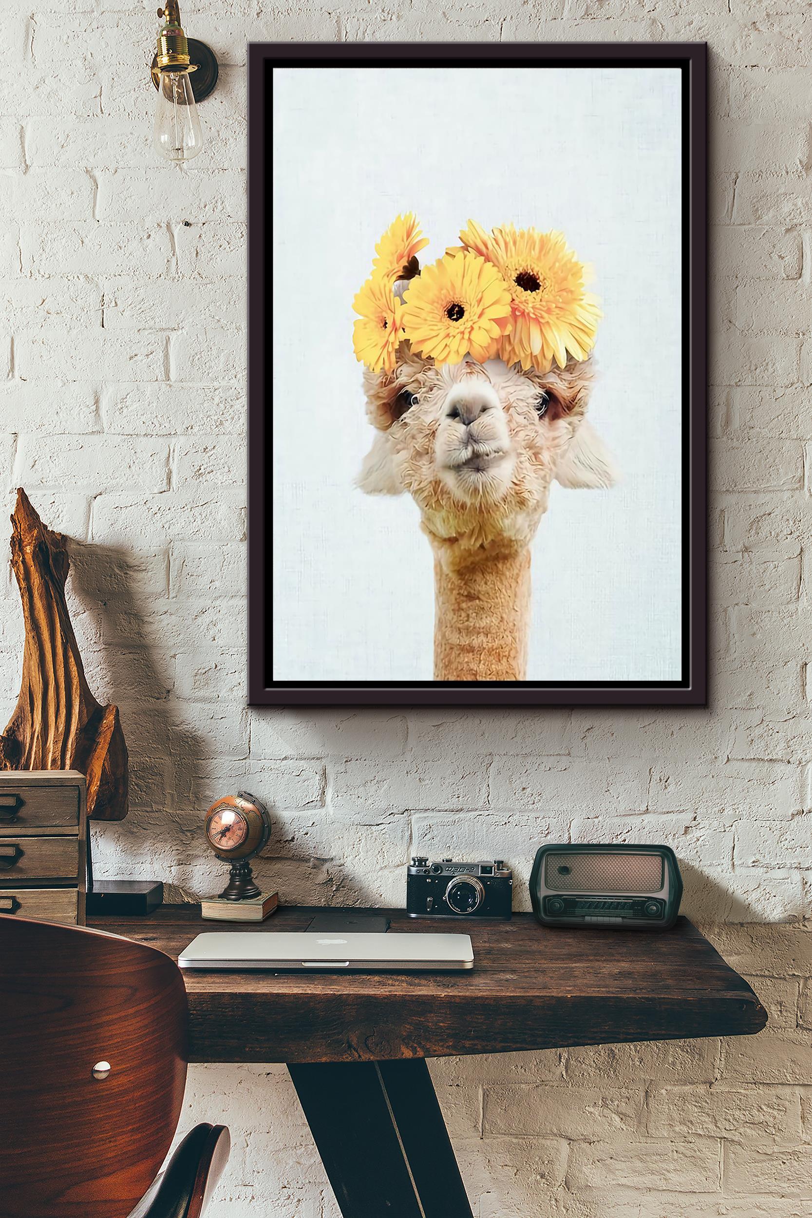 Cute Alpaca With Yellow Flowers Poster Framed Matte Canvas
