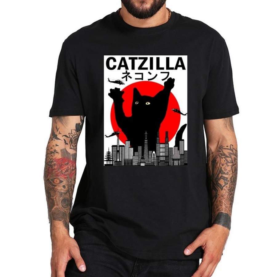 Catzilla Japanese Sunset Style Cat T Shirt – Vintage Kitten Lover Gift Tshirt – Us Size 100% Cotton