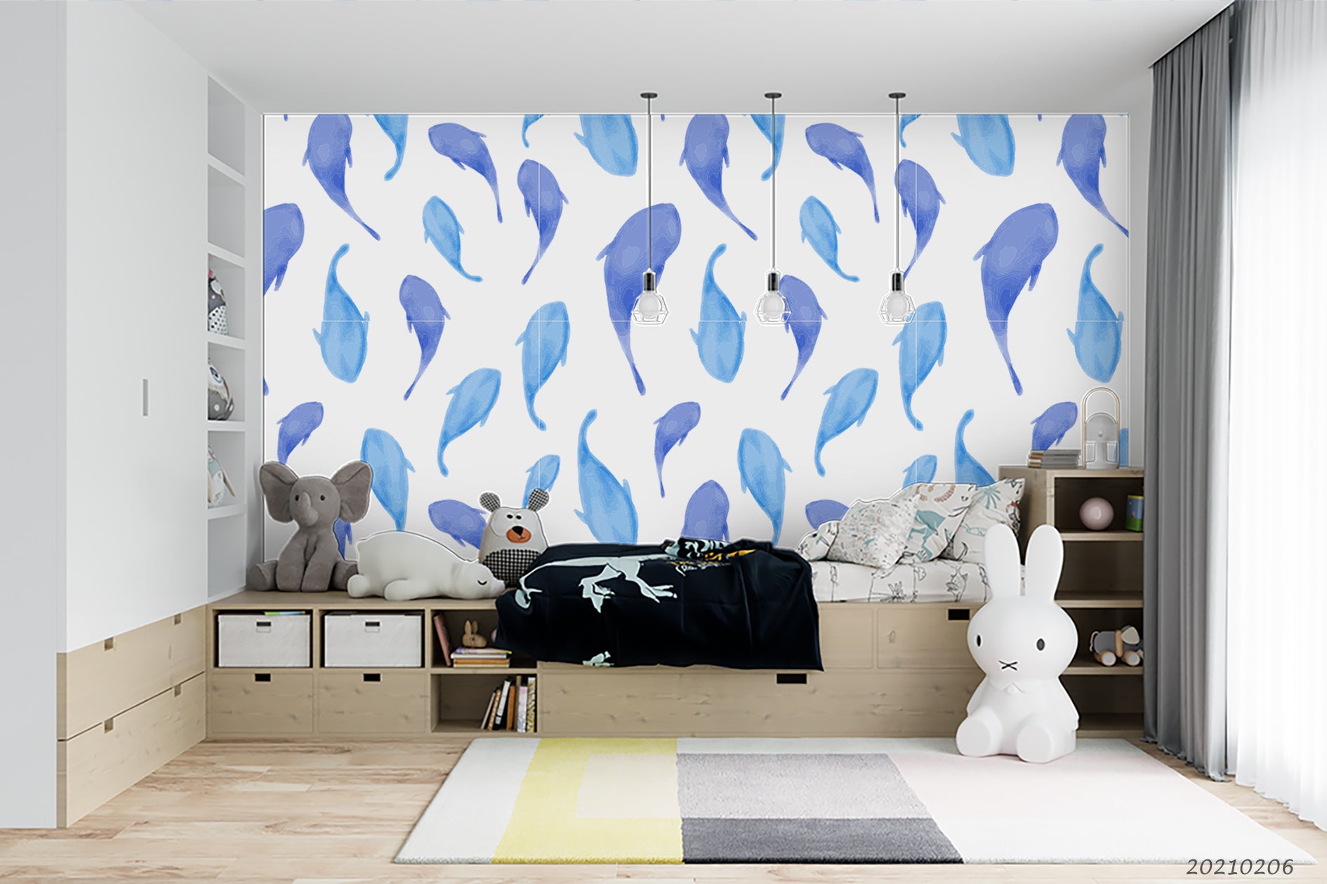 3D Hand Drawn Animal Blue Whale Wall Mural Wallpaper Lqh 370