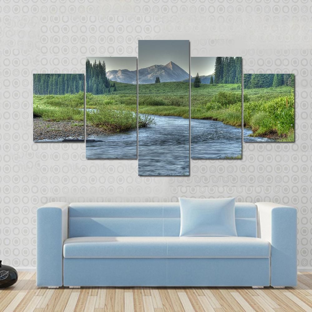 Cold Clear Stream In Summer Nature 5 Panel Canvas Art Wall Decor