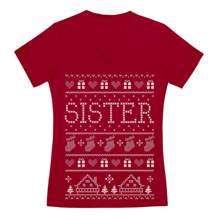 Sister Ugly Christmas Sweater V-Neck Fitted Women T-Shirt