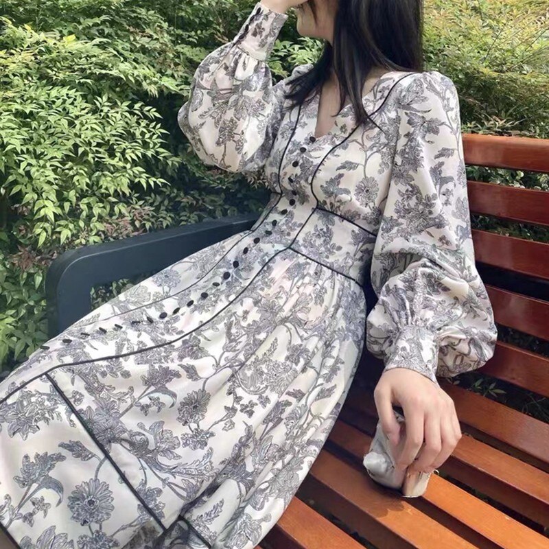 TERONIKIZO Flower Printed Vintage Dress Women V-neck Slim Waist Temperament Dresses Button Up Elegant A-line Midi Robe Femme alx