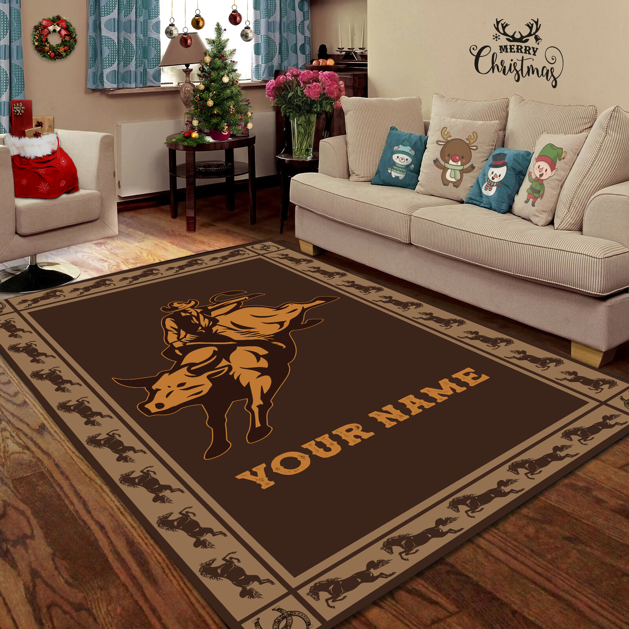 Personalized Name Bull Riding 3D Rug Rodeo Pattern