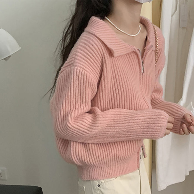 Autumn Fashion New Solid Color Zipper Knitting Shirt Women Classic Long Sleeve Coat Square Collar Loose Korean Lady Sweater 2022 alx