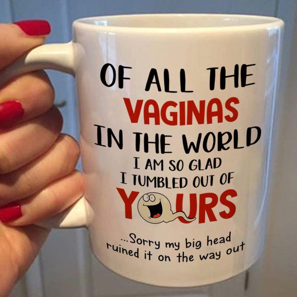 Of All The Vaginas In The World I Am So Glad I Tumbled Out Of Yours Sorry My Big Head Ruined It On The Way Out Coffee Mug