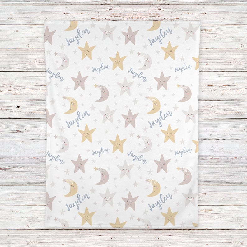 Stars And Moon Baby Blanket, Personalized Baby Blanket Gift, Toddler Blanket, Baby Shower Gift