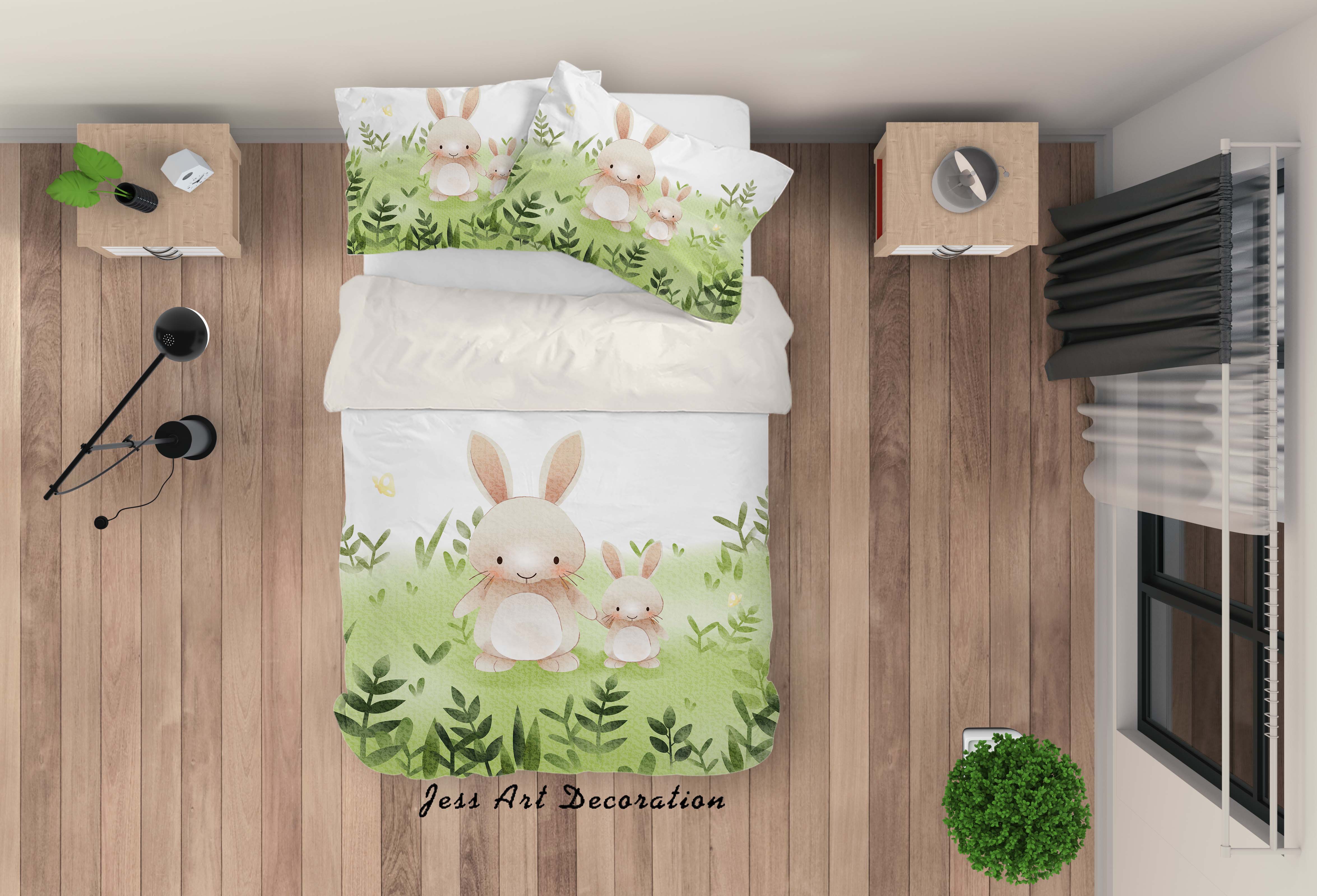 3D Cartoon Bunny Green Plant Quilt Cover Set Bedding Set Duvet Cover Pillowcases Lxl