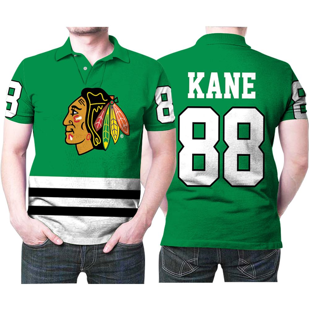 Chicago Blackhawks Patrick Kane 88 Great Player Ice Hockey Fanatics Branded Green Breakaway Jersey Style Blackhawks Fans Polo Shirt