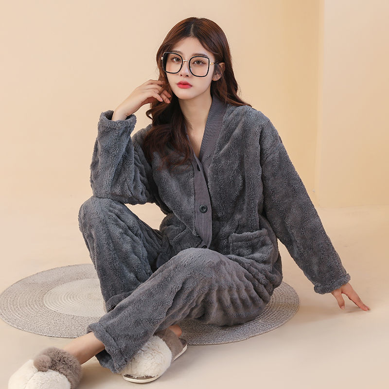 Winter Women Coral Velvet Pajama Sets Thicken V-neck Couple Solid Simple Sleepwear Baggy Plus Size M-3XL Pyjamas Lounge Comfort alx