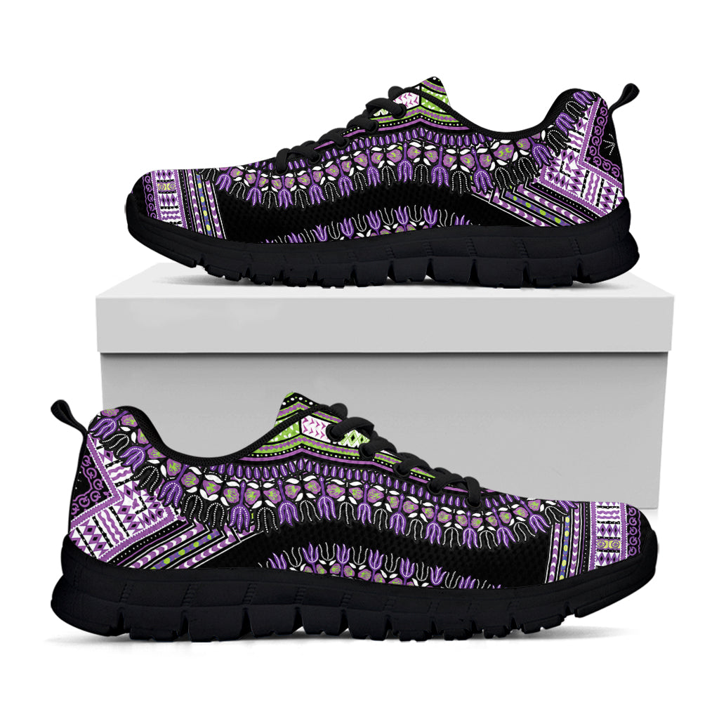 Black And Purple African Dashiki Print Black Sneakers