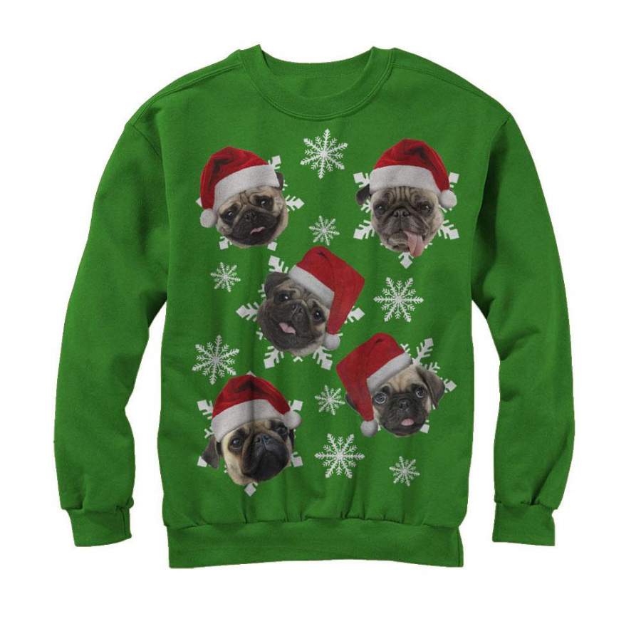 Lost Gods Women’S Ugly Christmas Pug Snowflakes  Sweatshirt Kelly Green