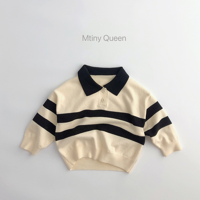 Striped Fashion Korean Style Turn Down Collar Kids Sweater Long Sleeve Knitted Cotton Casual for Newborn Baby Boys Girls Tops alx