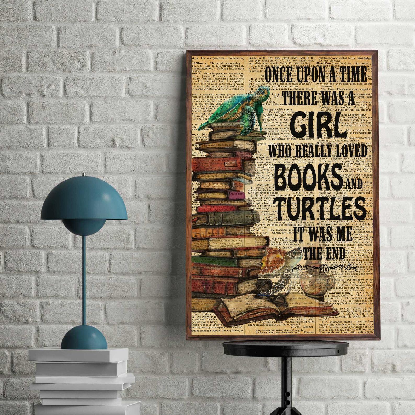 A Girl Who Really Loved Books and Turtles Table Top Animal and Book Lover Satin Poster Portrait no Frame