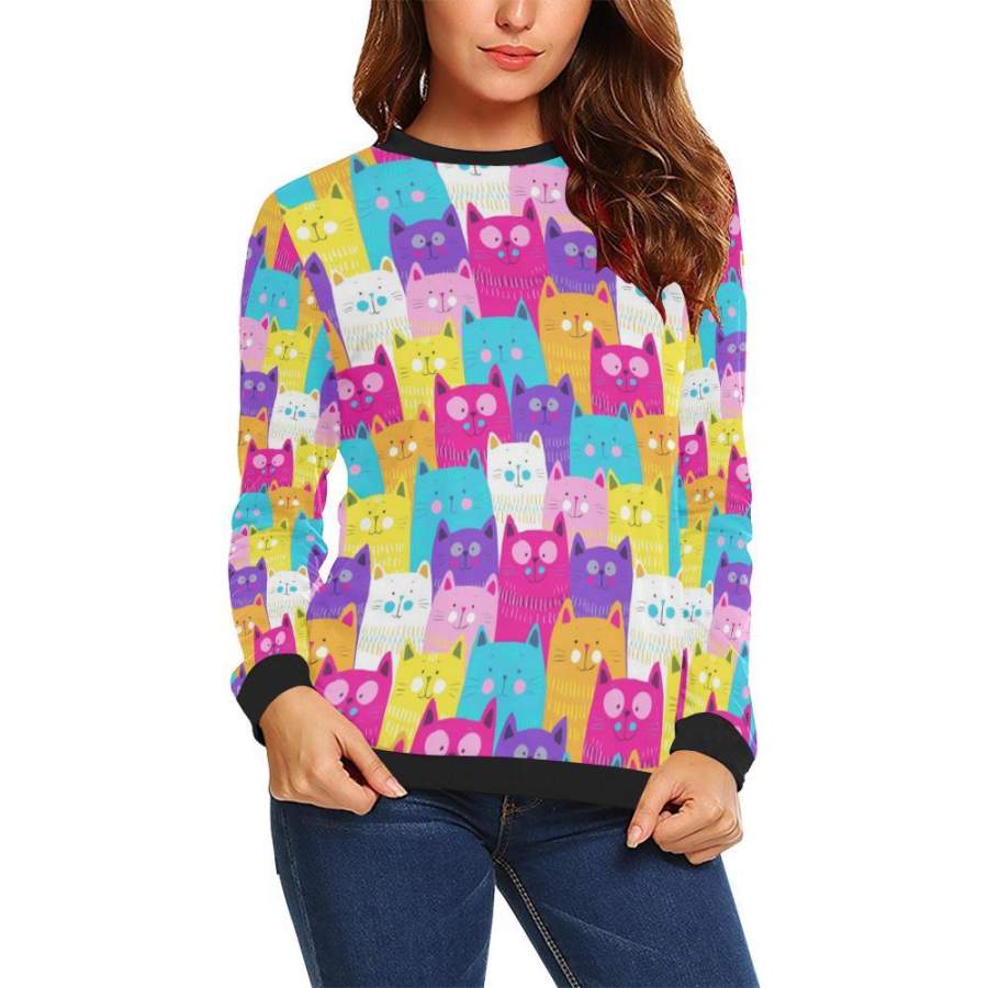 Colorful Kitten Cat Pattern Print Women Crewneck Sweatshirt