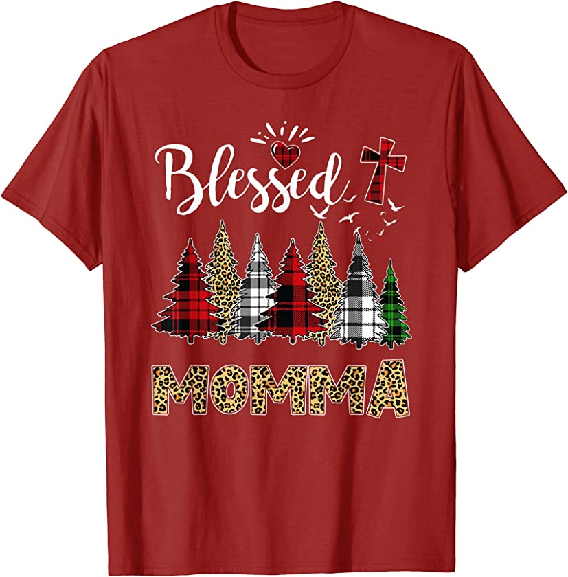 Blessed Momma Cross Christmas Trees Plaid Leopard Print Xmas T-Shirt