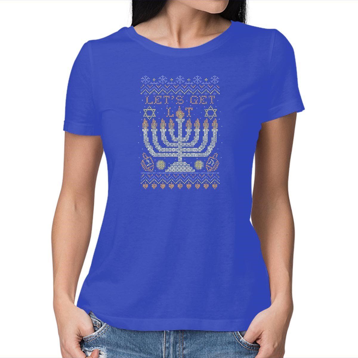 Teefury Women’S Graphic T-Shirt Hanukkah Is Lit – Holiday | Ugly Sweater | Royal | 3Xl