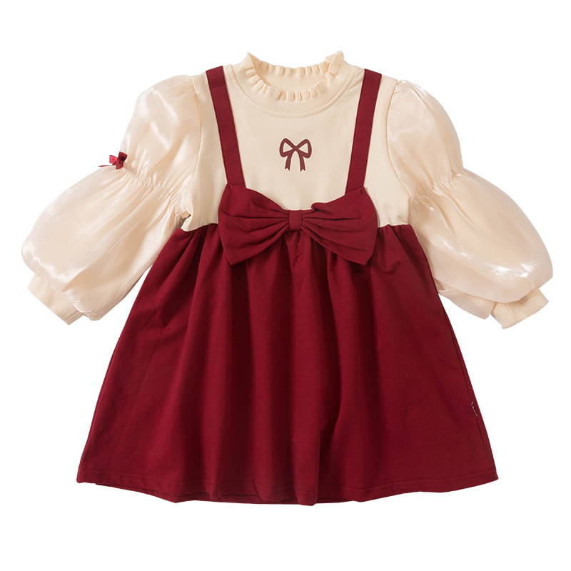 Autumn Long Sleeve Girls Dress New Fashion Bow Puff Sleeves Solid Color Stitching Princess Dress Christmas Children’s Clothes alx